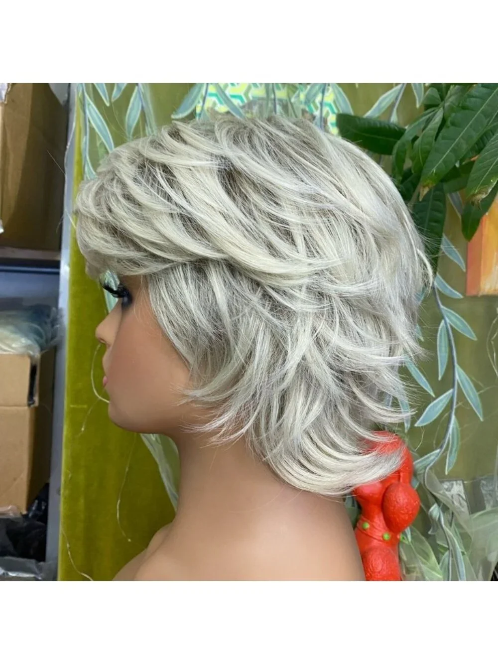 ash platinum blonde rooted shaggy pixie bob wig